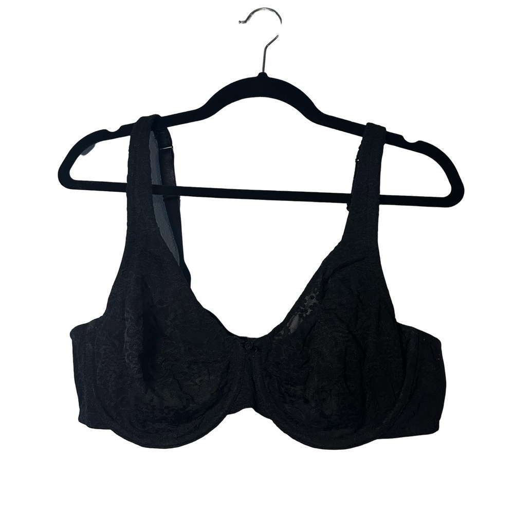 Cacique Unlined Bra 42C Underwire Black Sheer Lace Soft Cup Adjustable Straps